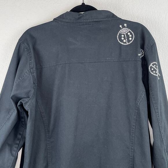 Quacker Factory Black Denim Ladybug Rhinestone Embellished Button Jacket Large - Picture 8 of 14